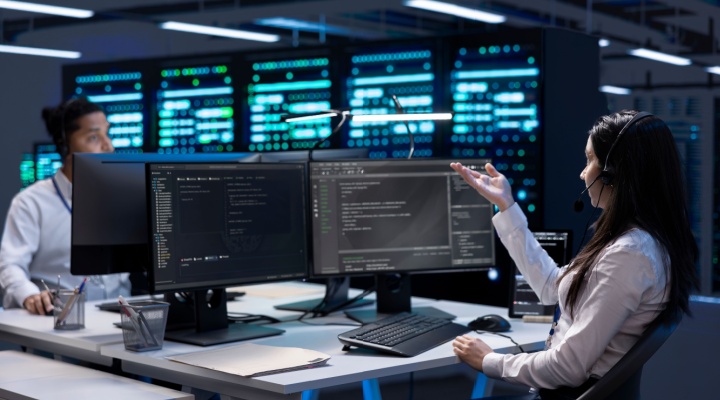 Data center workers in remote call, providing customer support, troubleshooting damages. Coworkers in server hub carrying out operational interventions requested by clients, using microphone.