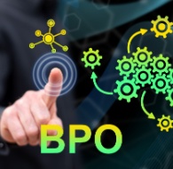 close-up of a businessperson touching a digital interface with “bpo” text and connected gear icons, illustrating outsourced workflows and bpo services.