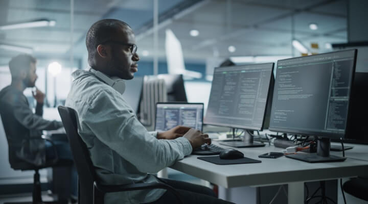 IT techs answer calls for a back-office business process outsourcing company.