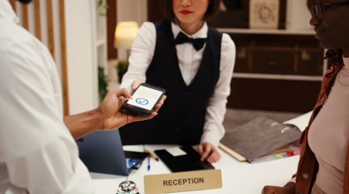 Receptionist using POS payment system to validate card purchase of extra room amenities and hotel services, close up. Couple using smartphone banking app during booking in process. Third-party payment processing.