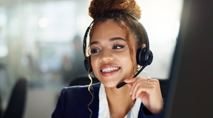 Call center, contact us and business woman or computer in office for crm, sales and customer support. Telecom, inbound marketing and lead generation consultant with virtual, headset or insurance faq.