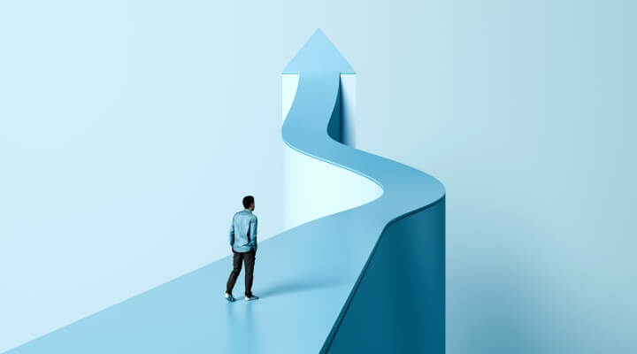 Onwards and upwards, vertical growth solutions with BPO, path to success, man walking on arrow, career growth and success, 3D render.