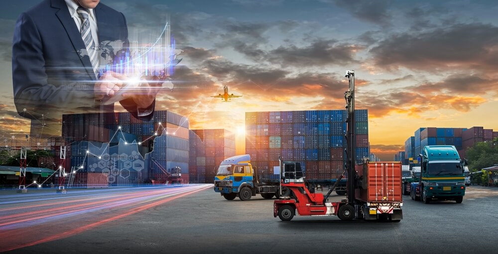 Multiple exposures of businessman touching tablet to direct BPO solutions and analyze stock at logistics port and world map with logistic network distribution on background, transportation trading business concept, using BPO across industries.