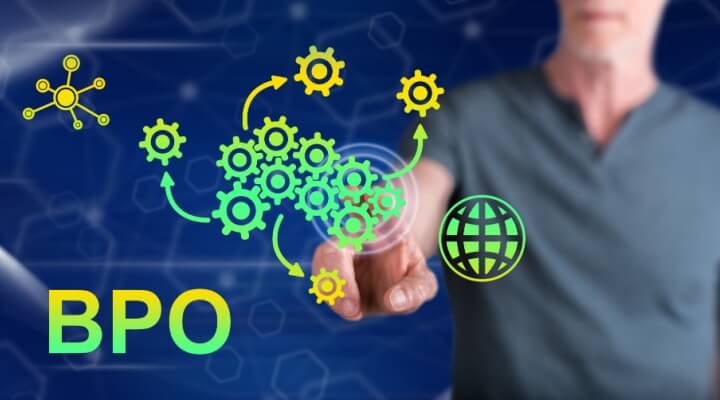 Man touching a BPO concept on a touch screen with his finger, how BPO implementation works.