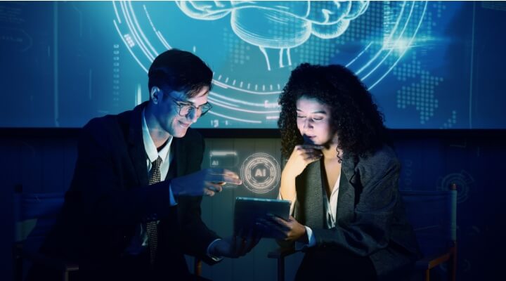 Business team reviewing a tablet in a modern office with AI-themed digital overlays, illustrating BPO labor trends and technology-driven collaboration.