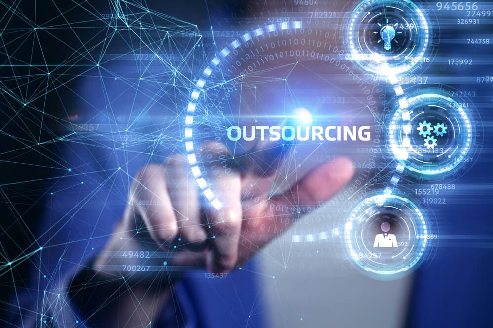 Digital interface showing successful outsourcing solutions with connected business and technology services.