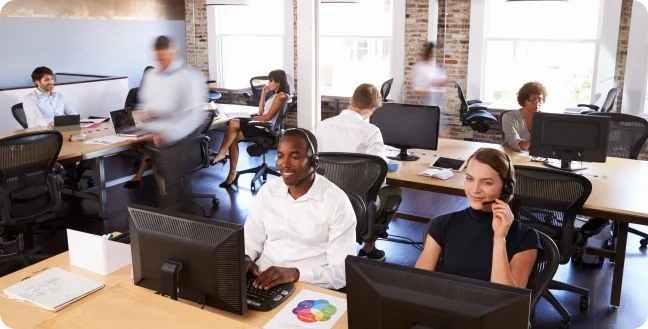 General view of a call center office in operation