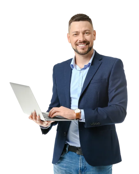 Happy businessman with a laptop in white background